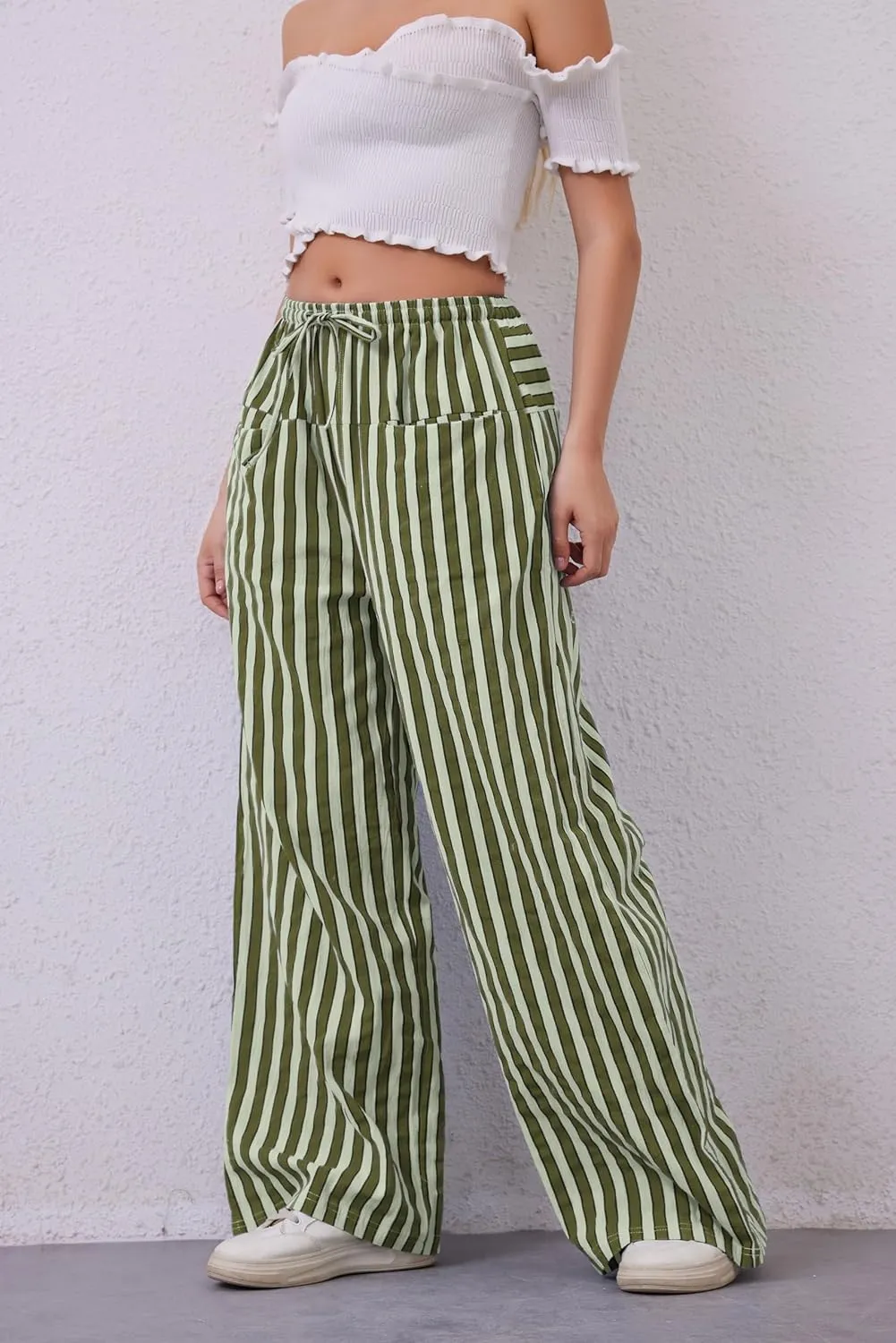 Women Drawstring Stripe Wide Leg Casual Trousers Striped Low Rise Casual Loose Lounge Pants with Pockets