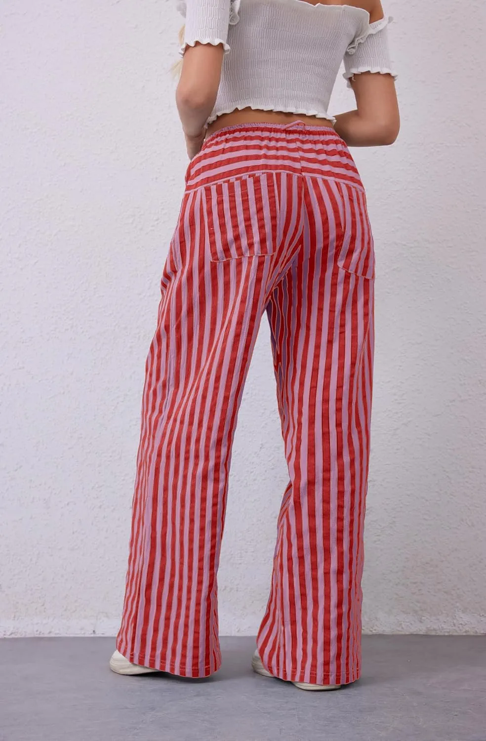 Women Drawstring Stripe Wide Leg Casual Trousers Striped Low Rise Casual Loose Lounge Pants with Pockets