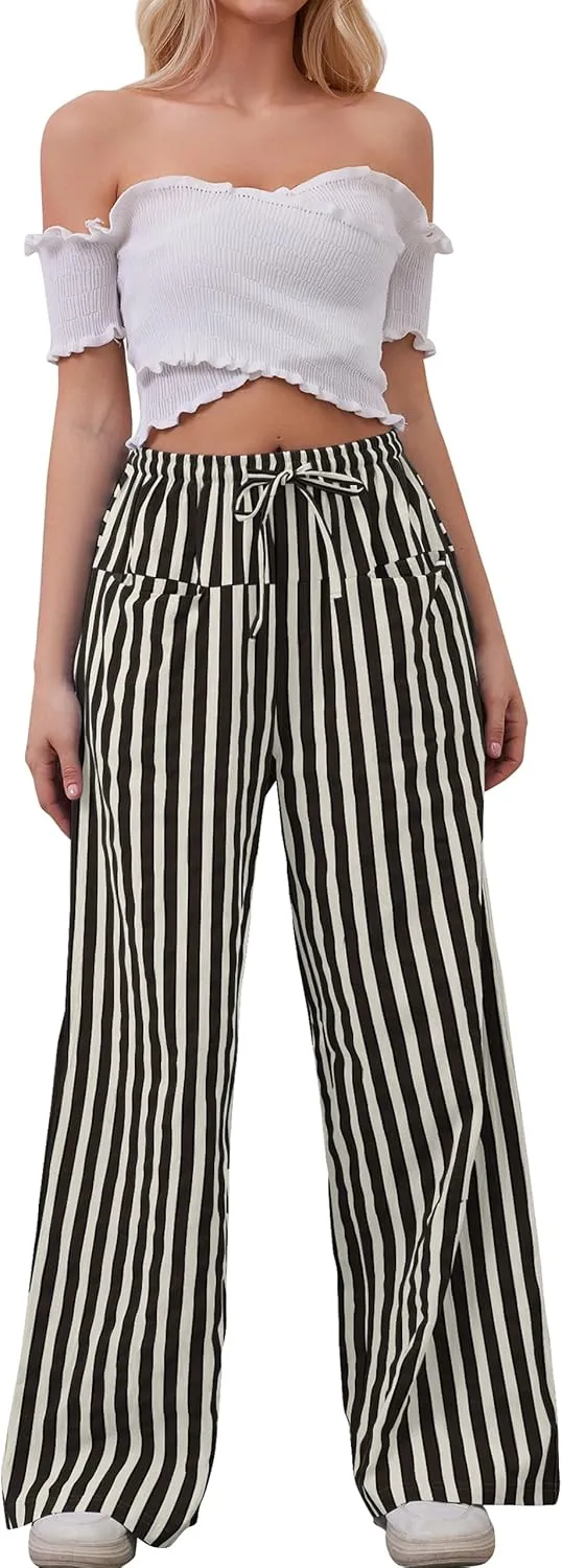 Women Drawstring Stripe Wide Leg Casual Trousers Striped Low Rise Casual Loose Lounge Pants with Pockets
