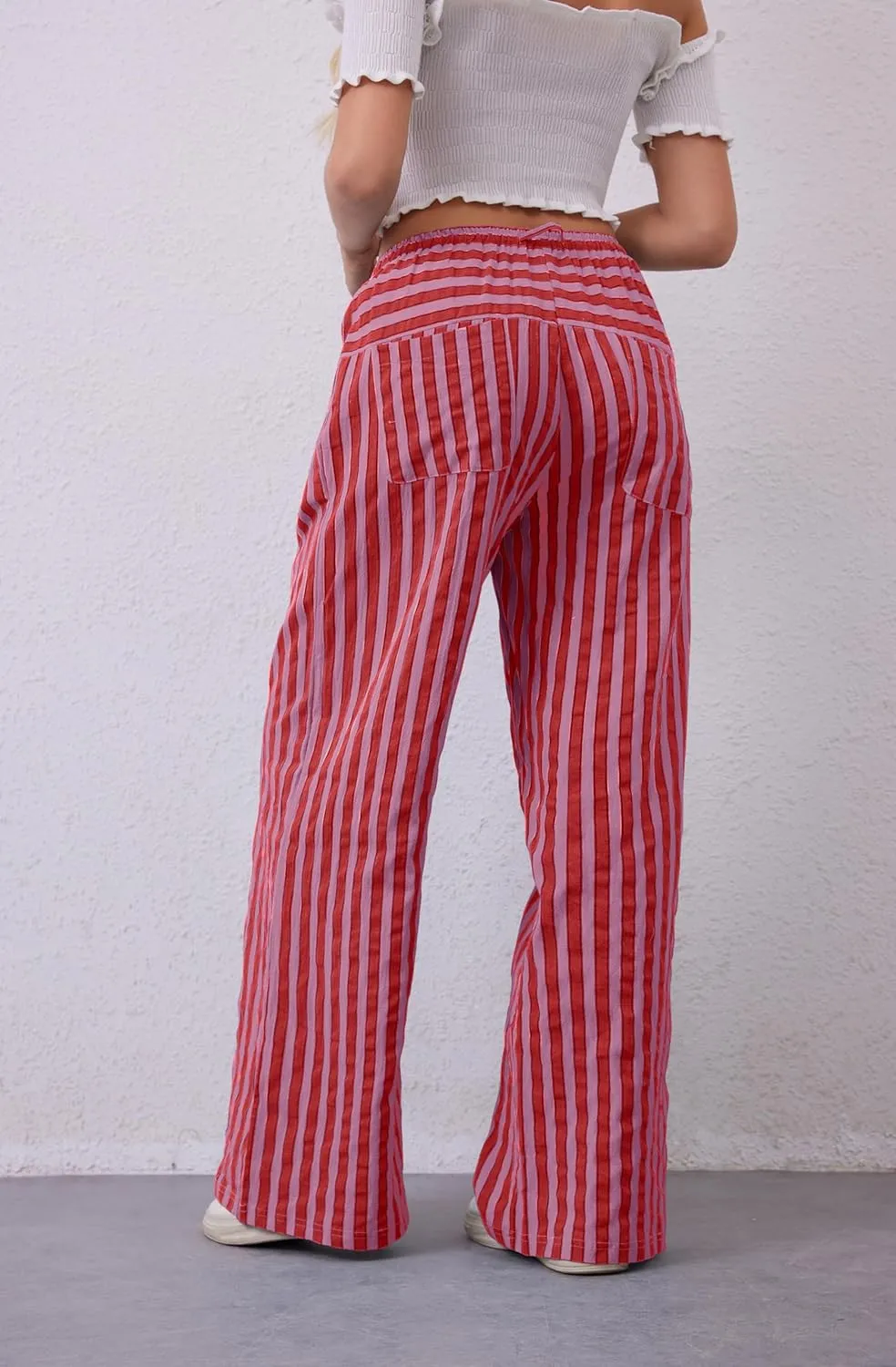Women Drawstring Stripe Wide Leg Casual Trousers Striped Low Rise Casual Loose Lounge Pants with Pockets