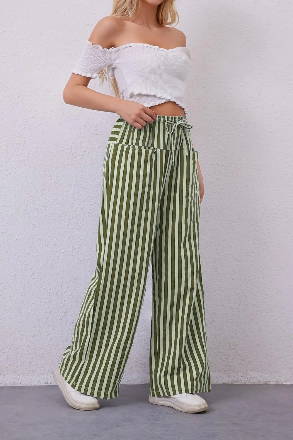 Women Drawstring Stripe Wide Leg Casual Trousers Striped Low Rise Casual Loose Lounge Pants with Pockets