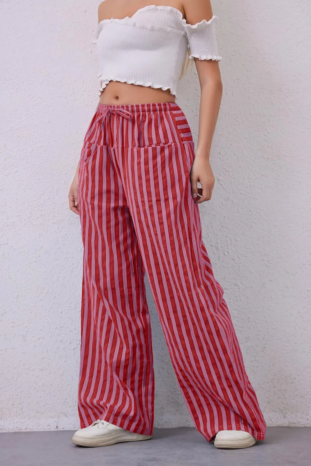 Women Drawstring Stripe Wide Leg Casual Trousers Striped Low Rise Casual Loose Lounge Pants with Pockets