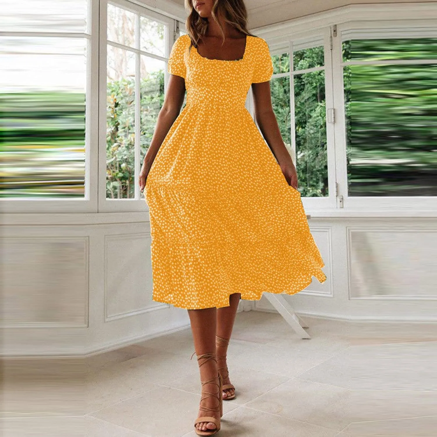 Women Floral Square Neck Puff Sleeve Dress Smocked Tiered Flowy Sundress Summer Beach Boho Dress 2024 for Women