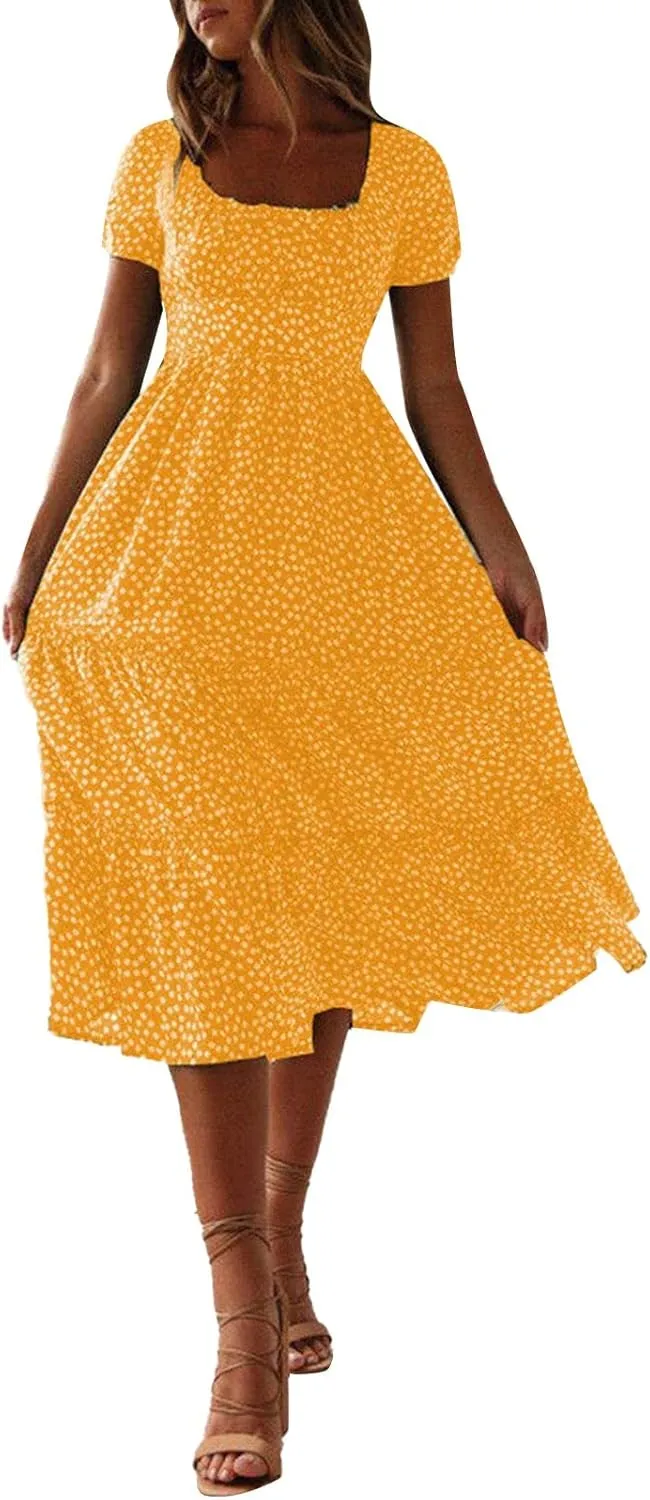 Women Floral Square Neck Puff Sleeve Dress Smocked Tiered Flowy Sundress Summer Beach Boho Dress 2024 for Women
