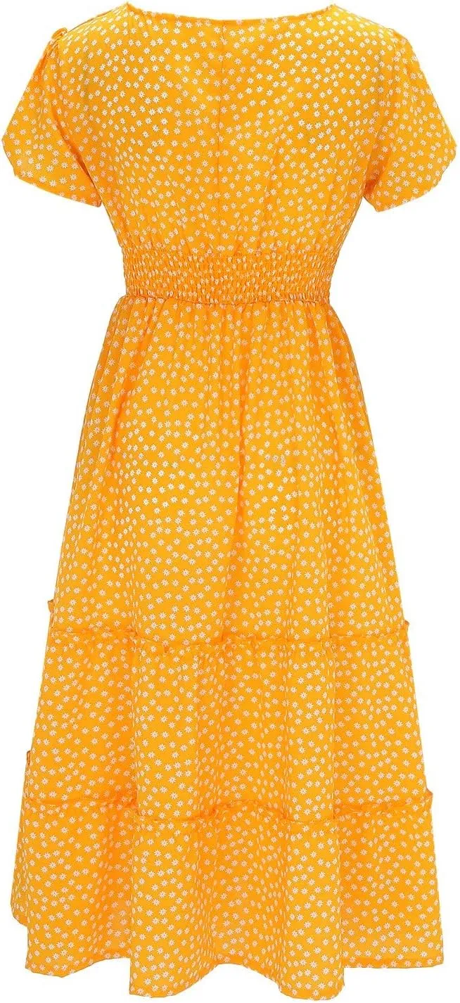 Women Floral Square Neck Puff Sleeve Dress Smocked Tiered Flowy Sundress Summer Beach Boho Dress 2024 for Women