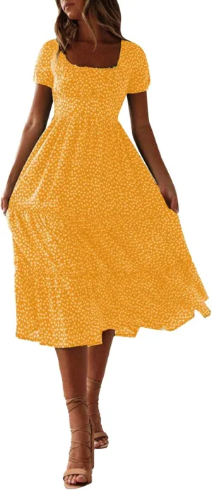 Women Floral Square Neck Puff Sleeve Dress Smocked Tiered Flowy Sundress Summer Beach Boho Dress 2024 for Women