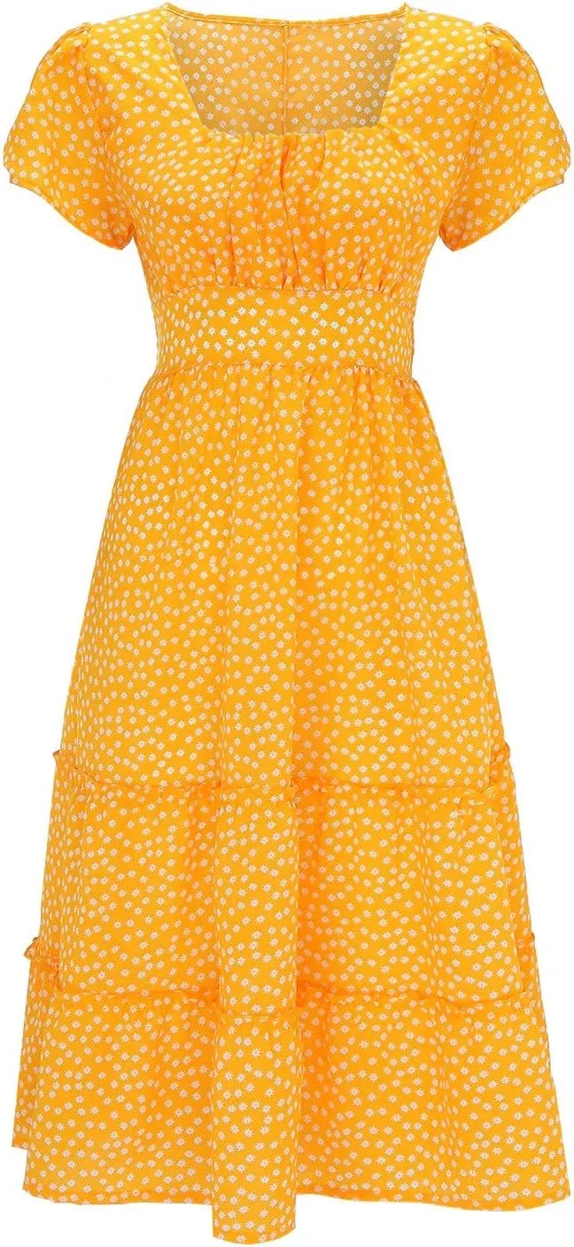 Women Floral Square Neck Puff Sleeve Dress Smocked Tiered Flowy Sundress Summer Beach Boho Dress 2024 for Women
