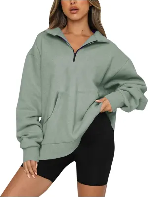 Women Half Zip Oversized Sweatshirts Long Sleeve Solid Color Hoodie Lightweight Drop Shoulder Fleece Pullover Tops