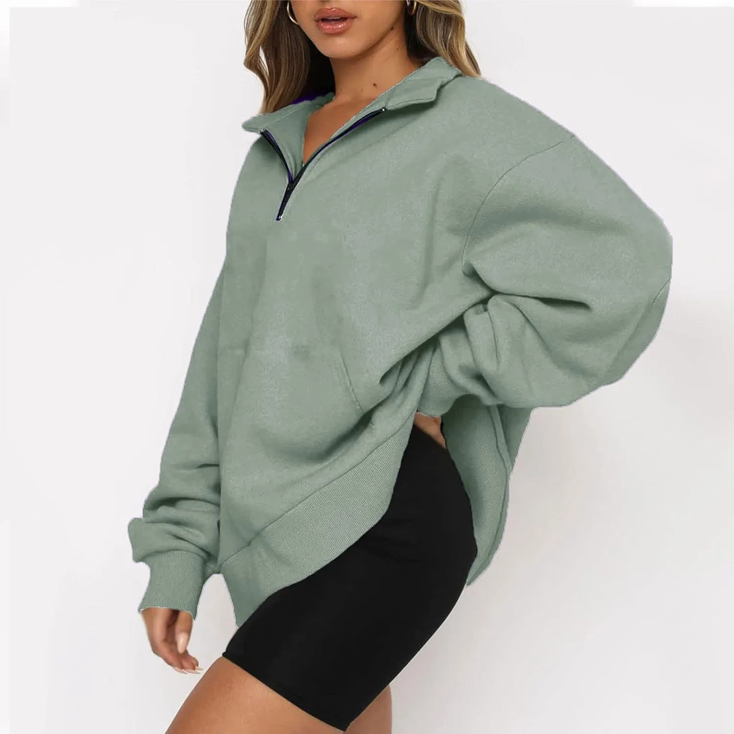Women Half Zip Oversized Sweatshirts Long Sleeve Solid Color Hoodie Lightweight Drop Shoulder Fleece Pullover Tops