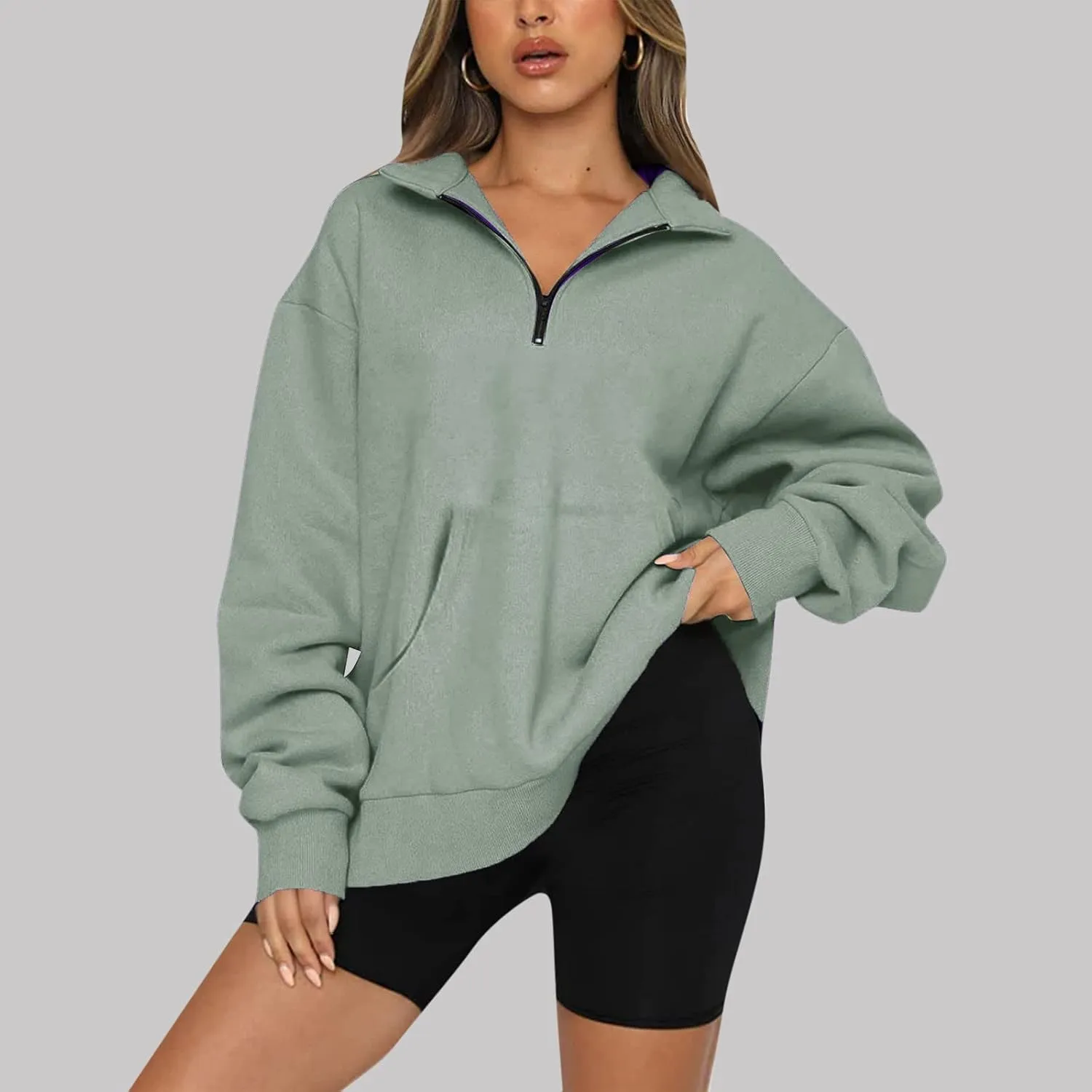 Women Half Zip Oversized Sweatshirts Long Sleeve Solid Color Hoodie Lightweight Drop Shoulder Fleece Pullover Tops