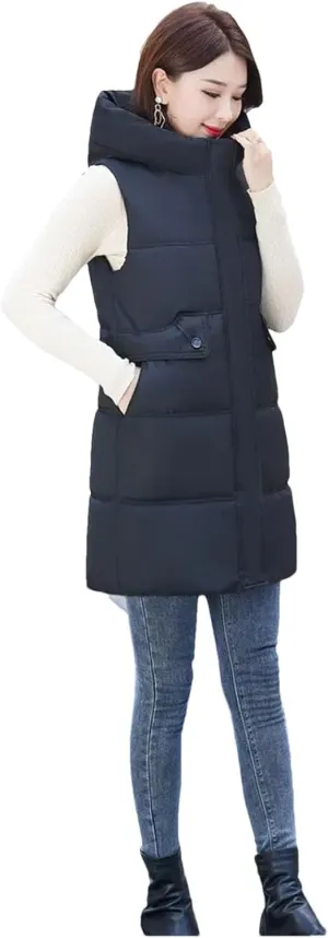 Women Korean Casual Down Cotton Vests Long Hooded Waistcoat Winter Cotton-Padded Jacket Coat Fashion Sleeveless Vests