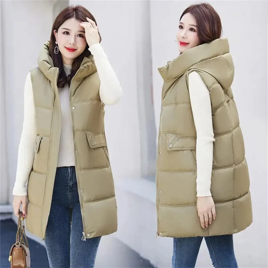 Women Korean Casual Down Cotton Vests Long Hooded Waistcoat Winter Cotton-Padded Jacket Coat Fashion Sleeveless Vests