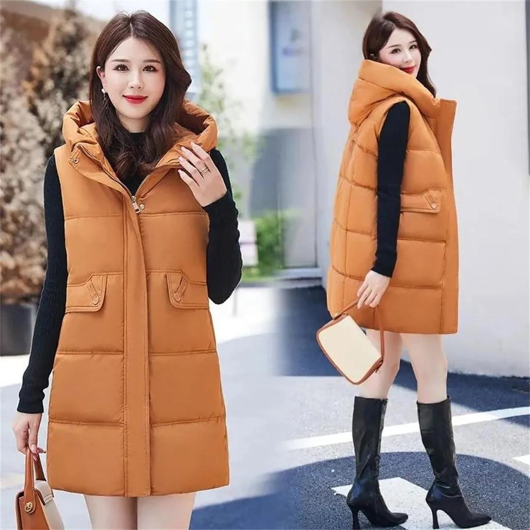 Women Korean Casual Down Cotton Vests Long Hooded Waistcoat Winter Cotton-Padded Jacket Coat Fashion Sleeveless Vests