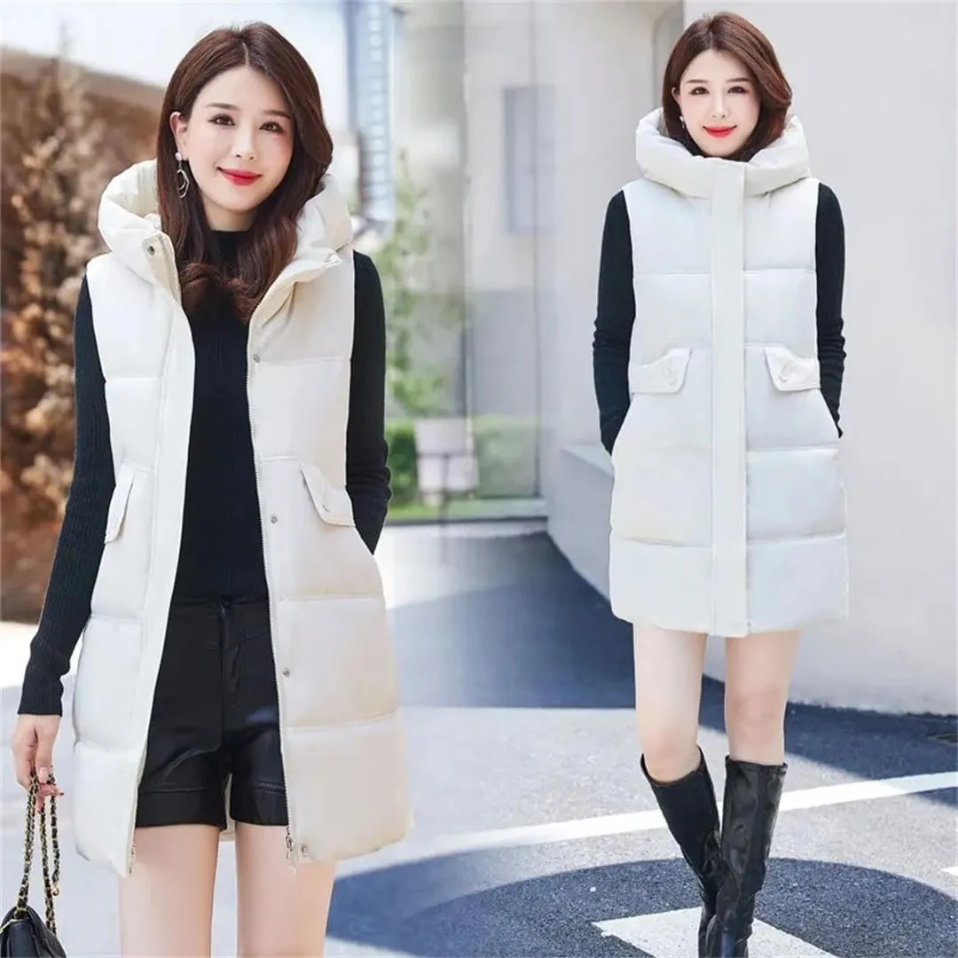 Women Korean Casual Down Cotton Vests Long Hooded Waistcoat Winter Cotton-Padded Jacket Coat Fashion Sleeveless Vests