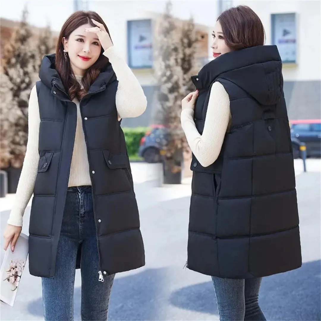Women Korean Casual Down Cotton Vests Long Hooded Waistcoat Winter Cotton-Padded Jacket Coat Fashion Sleeveless Vests