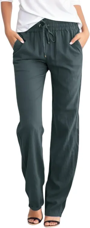 Women Linen Blend Summer Casual Palazzo Lounge Pants Elastic Waist Stretchy Slim Fit Palazzo Lounge Pants