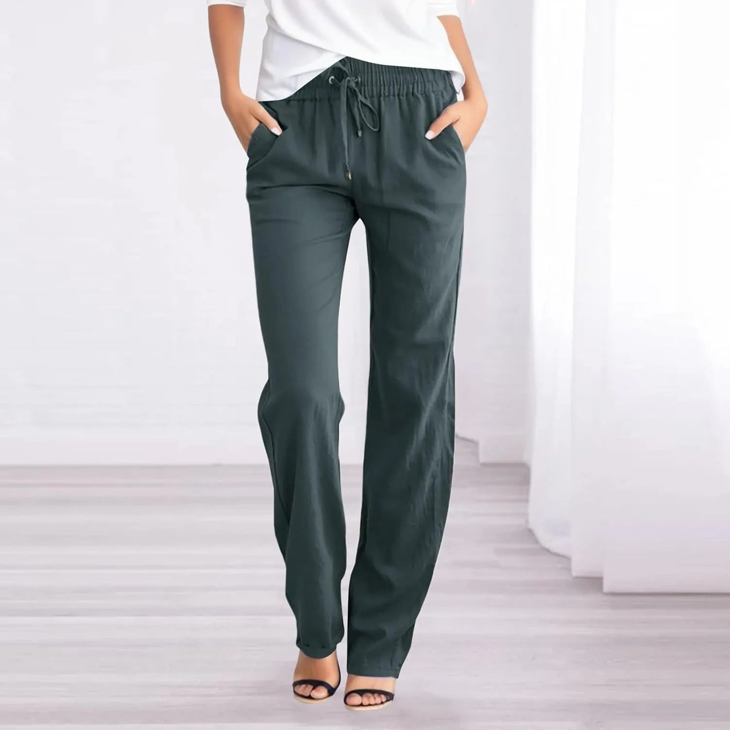 Women Linen Blend Summer Casual Palazzo Lounge Pants Elastic Waist Stretchy Slim Fit Palazzo Lounge Pants
