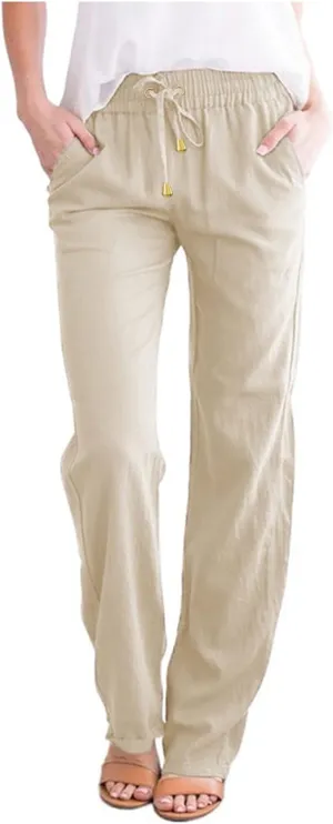 Women Linen Blend Summer Loose Flowy Palazzo Pants Elastic Waisted Bootcut Slim-Fit Palazzo Pants Travel