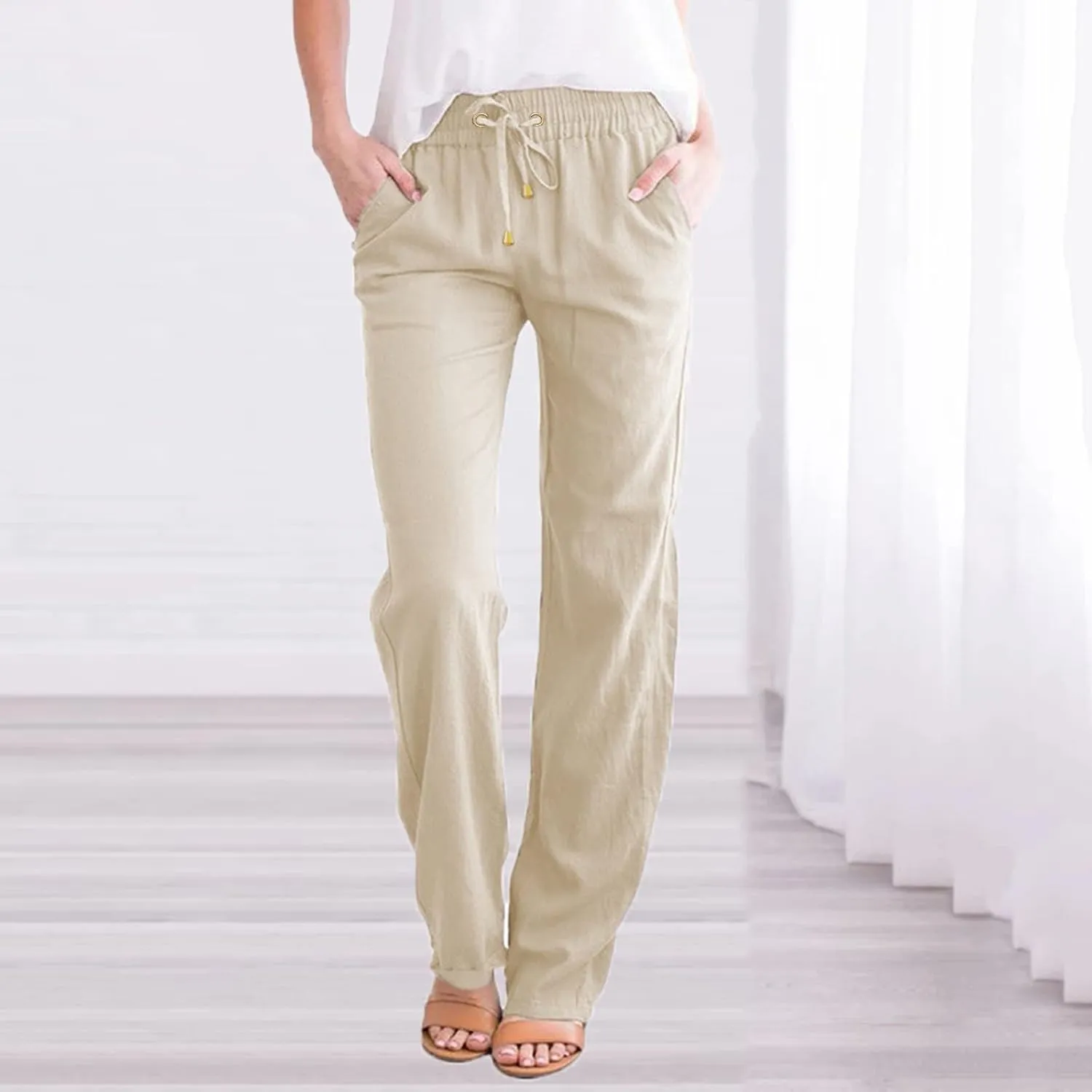 Women Linen Blend Summer Loose Flowy Palazzo Pants Elastic Waisted Bootcut Slim-Fit Palazzo Pants Travel