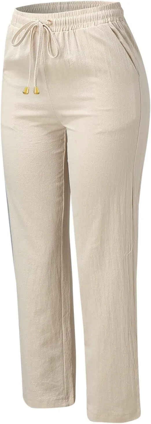 Women Linen Blend Summer Loose Flowy Palazzo Pants Elastic Waisted Bootcut Slim-Fit Palazzo Pants Travel