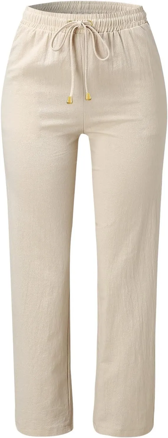 Women Linen Blend Summer Loose Flowy Palazzo Pants Elastic Waisted Bootcut Slim-Fit Palazzo Pants Travel