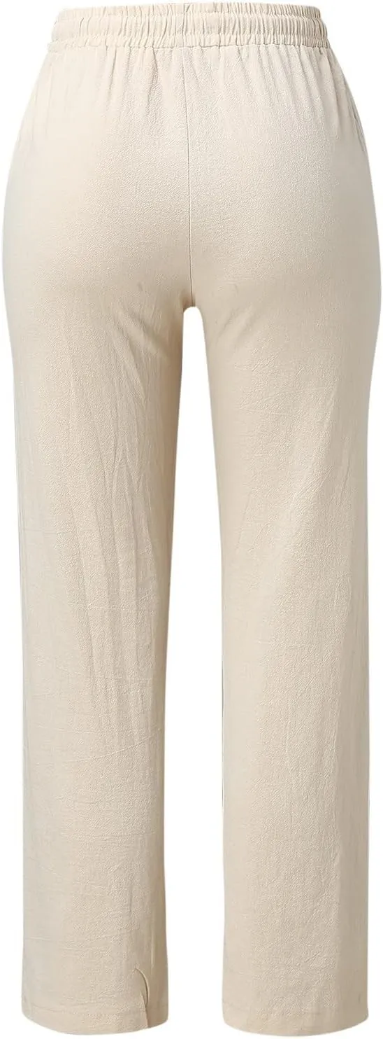 Women Linen Blend Summer Loose Flowy Palazzo Pants Elastic Waisted Bootcut Slim-Fit Palazzo Pants Travel