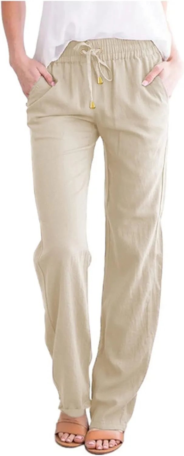 Women Linen Blend Summer Loose Flowy Palazzo Pants Elastic Waisted Bootcut Slim-Fit Palazzo Pants Travel