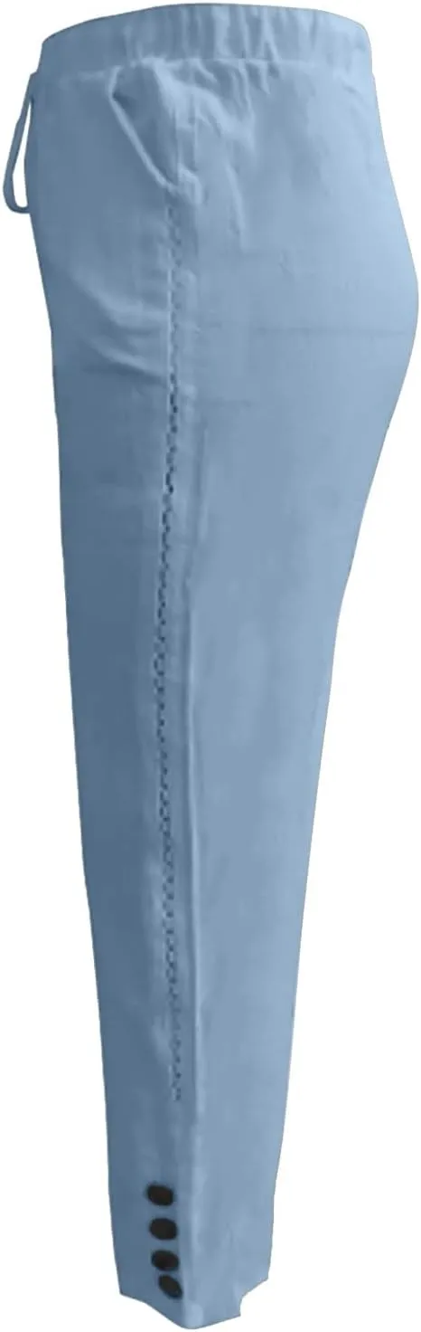 Women Linen Blend Summer Trendy Pants High Waist Stretchy Plus Size Palazzo Lounge Pants Business Work