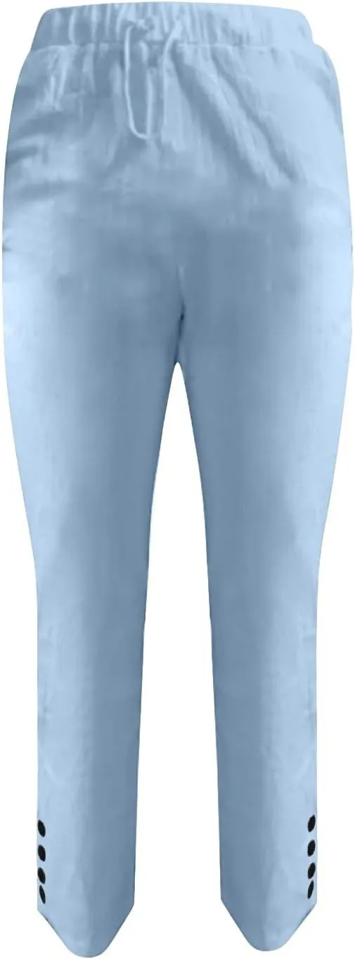 Women Linen Blend Summer Trendy Pants High Waist Stretchy Plus Size Palazzo Lounge Pants Business Work