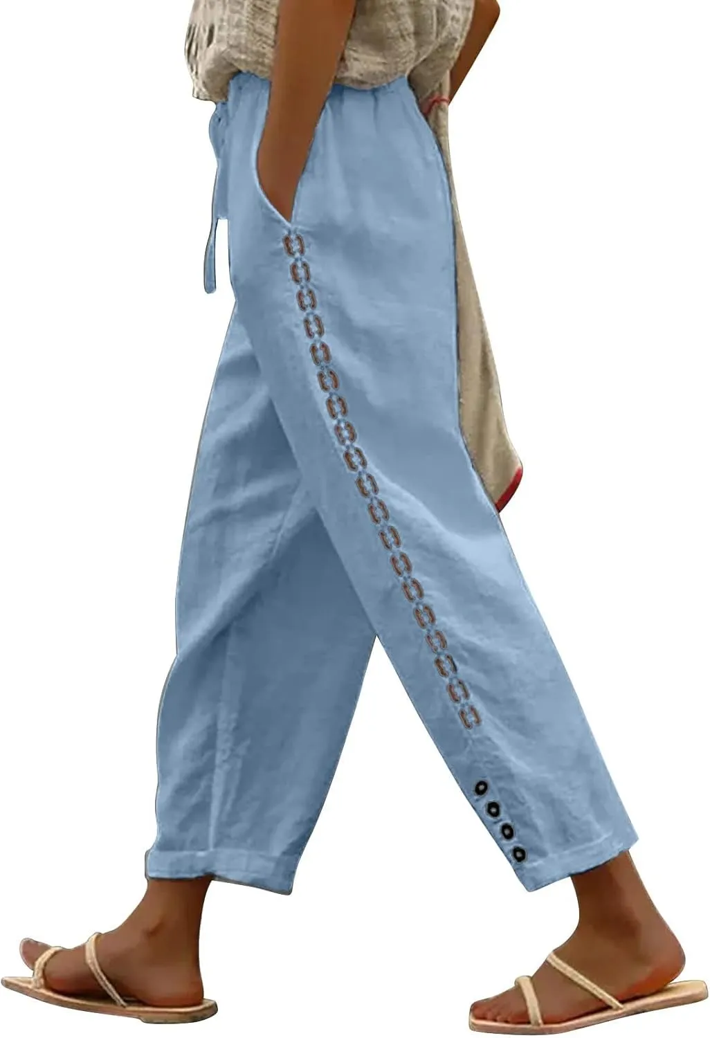 Women Linen Blend Summer Trendy Pants High Waist Stretchy Plus Size Palazzo Lounge Pants Business Work