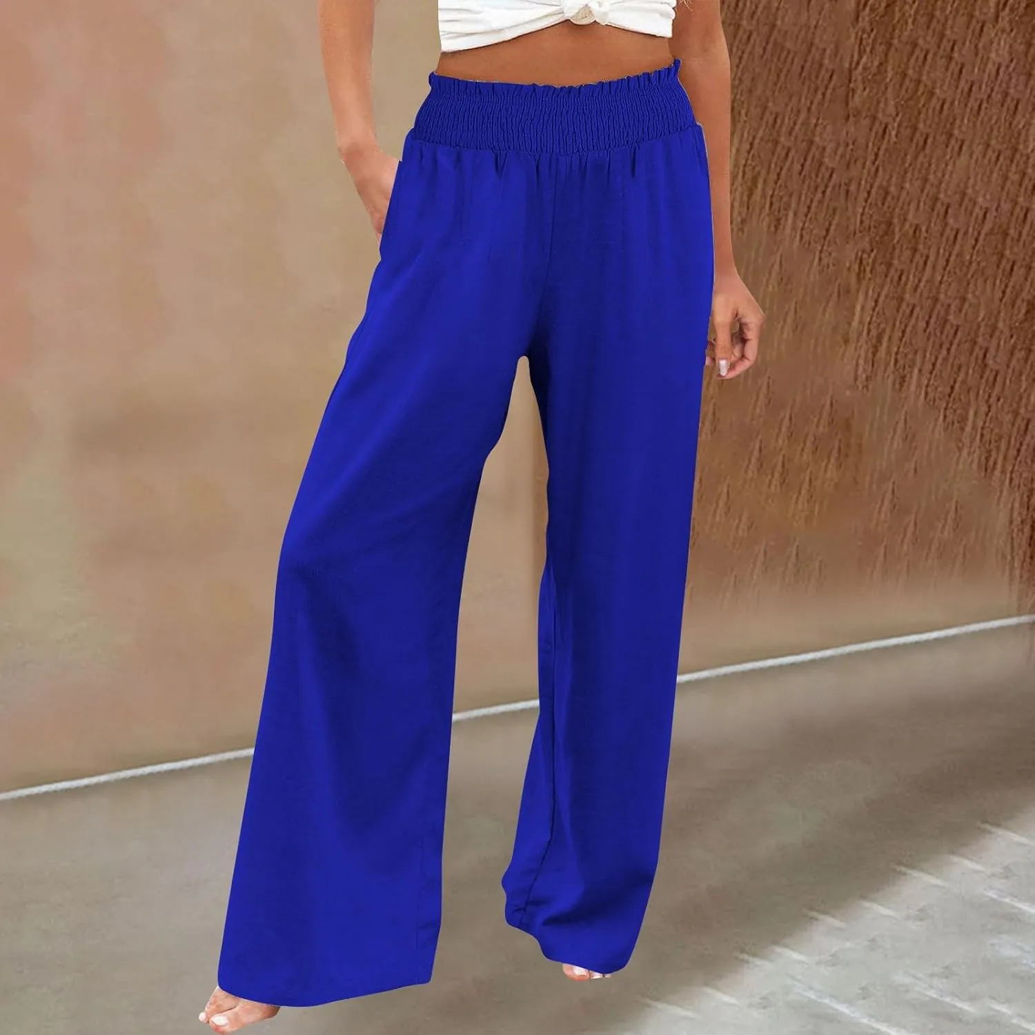 Women Linen Palazzo Pants Wide Leg High Waist Summer Casual Boho Trousers Travel Vacation Long Work
