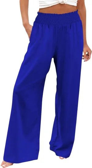 Women Linen Palazzo Pants Wide Leg High Waist Summer Casual Boho Trousers Travel Vacation Long Work