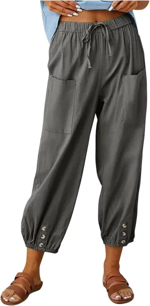 Women Linen Summer Boho Pant Trousers Low Waist Stretchy Plus Size Trouser Business Work