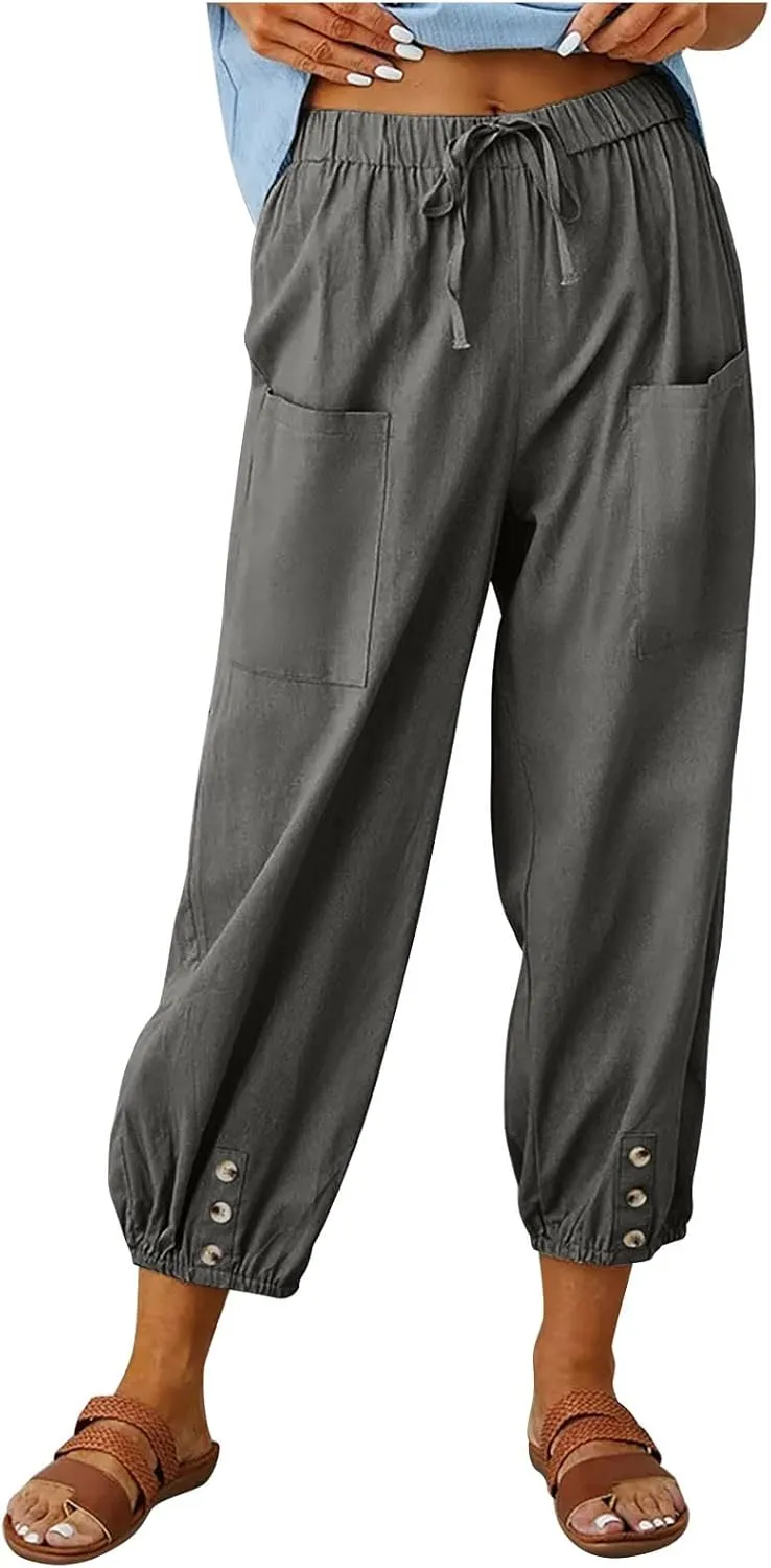 Women Linen Summer Boho Pant Trousers Low Waist Stretchy Plus Size Trouser Business Work
