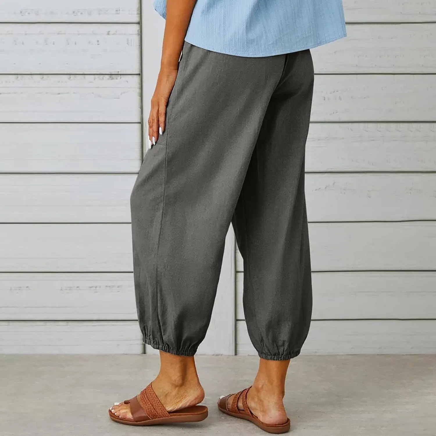 Women Linen Summer Boho Pant Trousers Low Waist Stretchy Plus Size Trouser Business Work