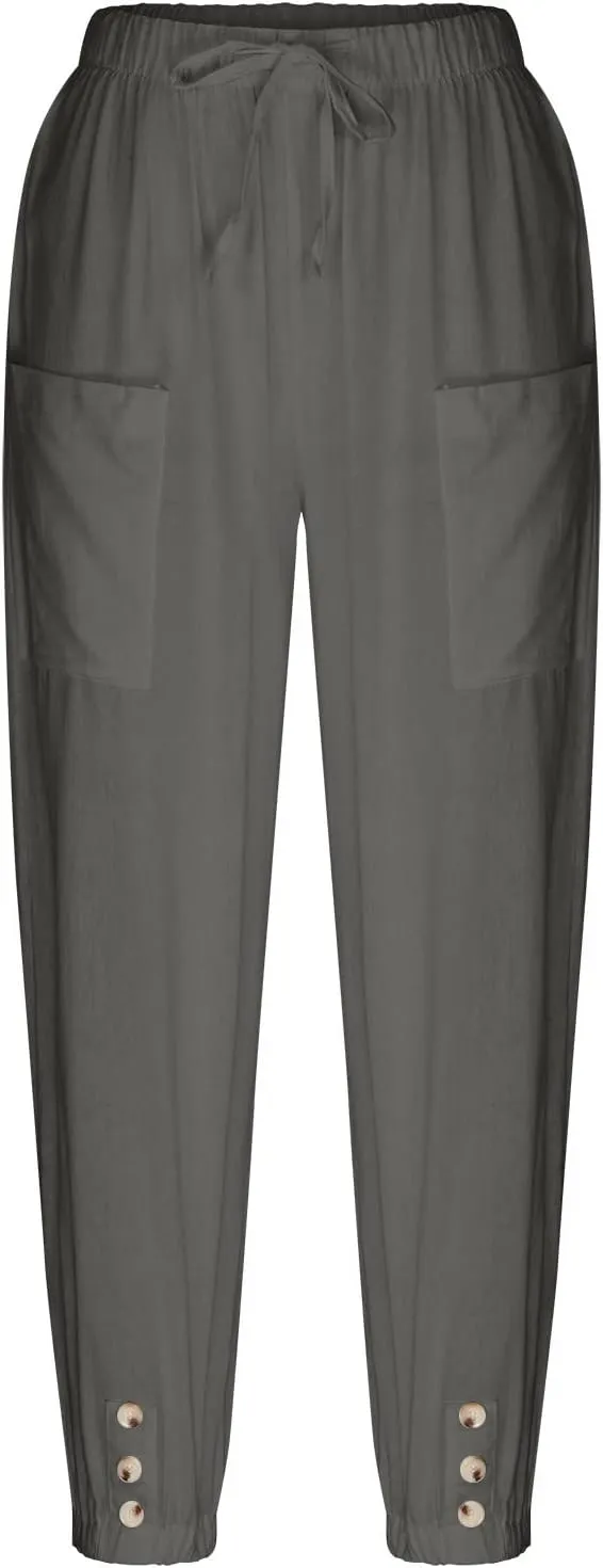Women Linen Summer Boho Pant Trousers Low Waist Stretchy Plus Size Trouser Business Work