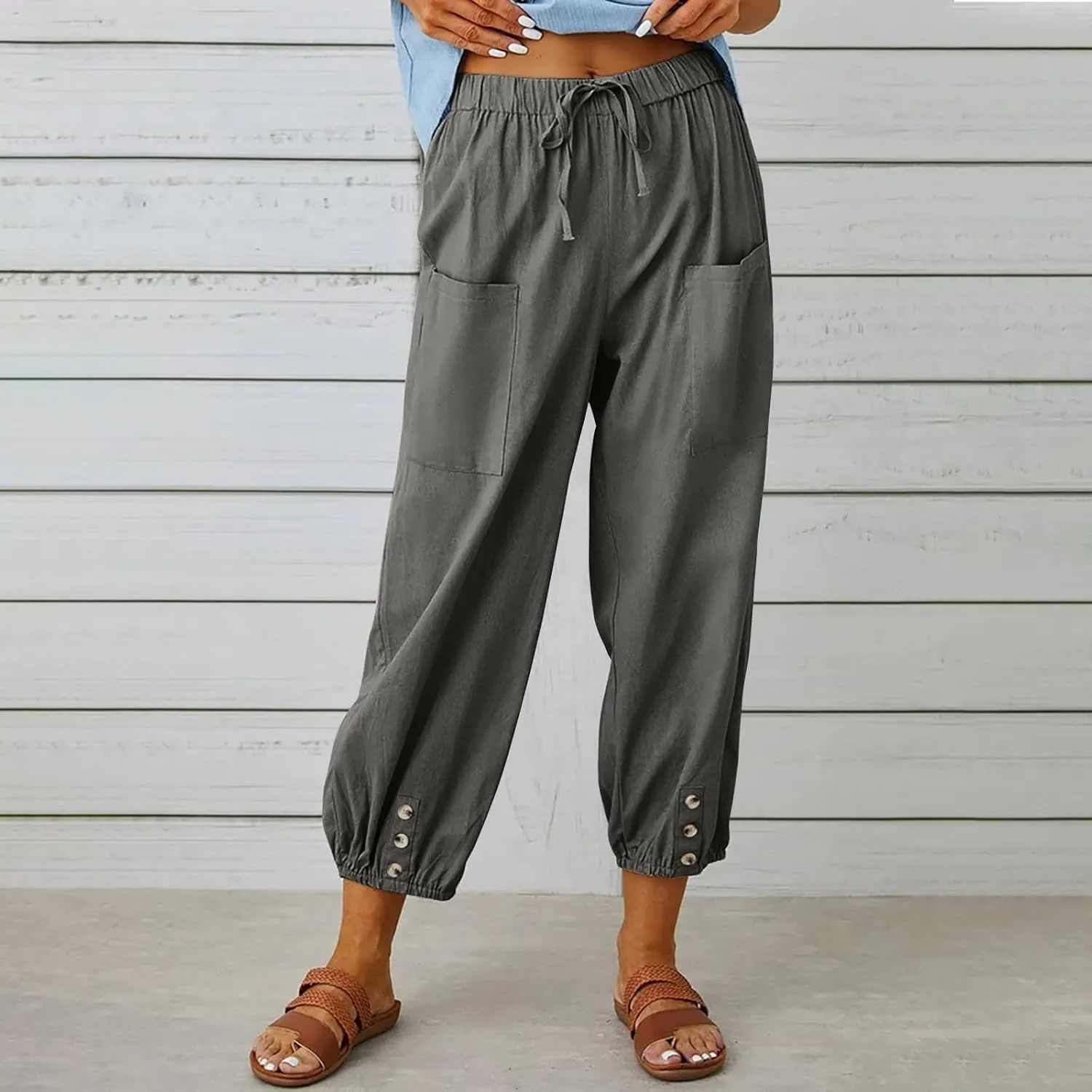 Women Linen Summer Boho Pant Trousers Low Waist Stretchy Plus Size Trouser Business Work