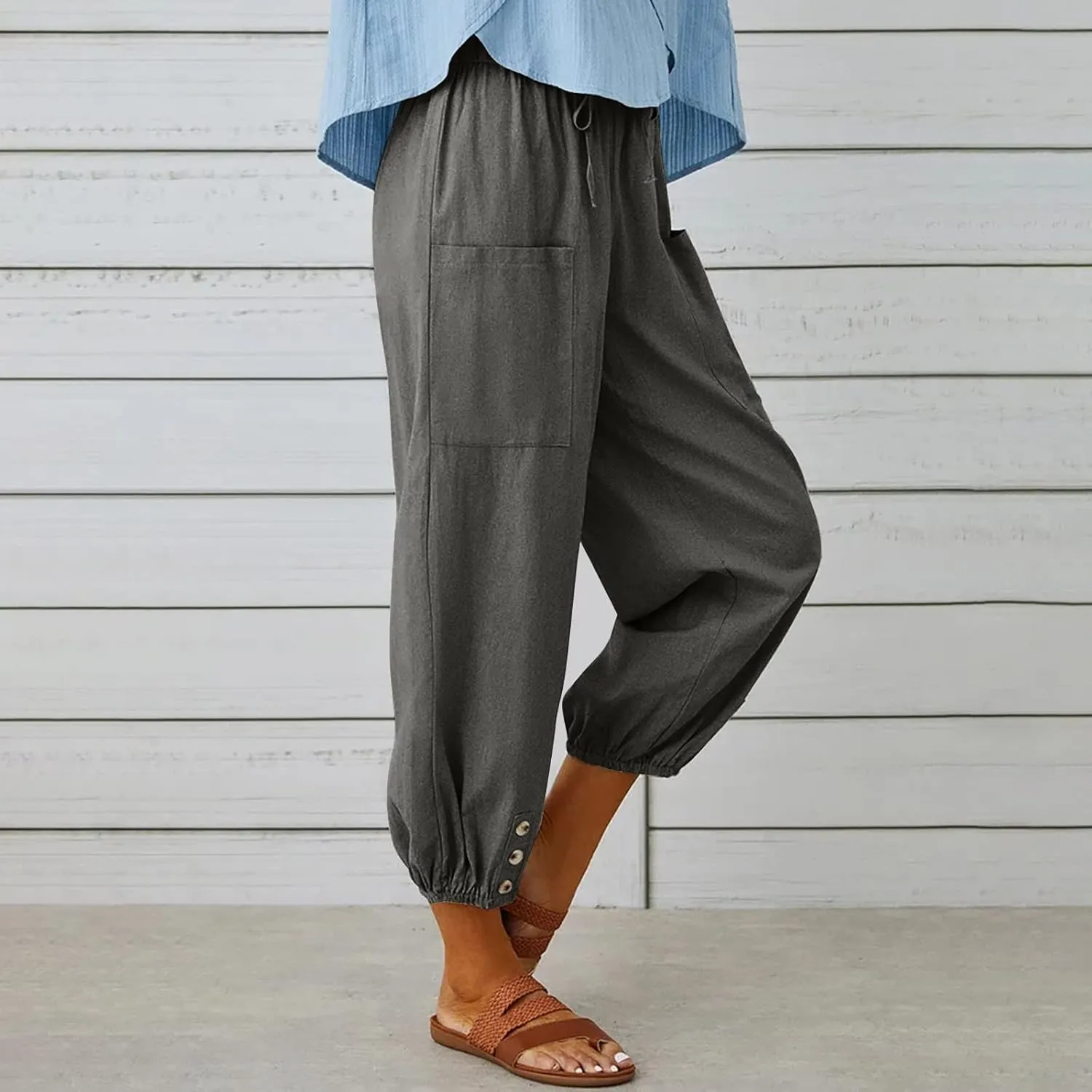 Women Linen Summer Boho Pant Trousers Low Waist Stretchy Plus Size Trouser Business Work