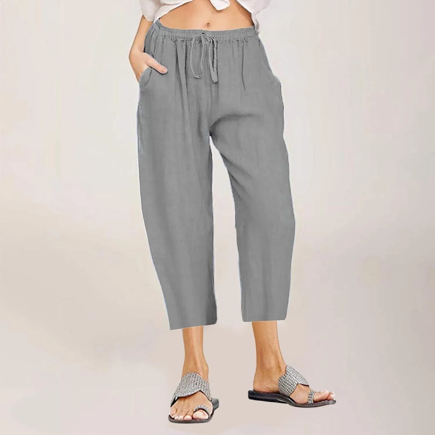 Women Linen Summer Cropped Palazzo Pants Low Waist Wide Leg Slim Fit Palazzo Lounge Pants Trendy
