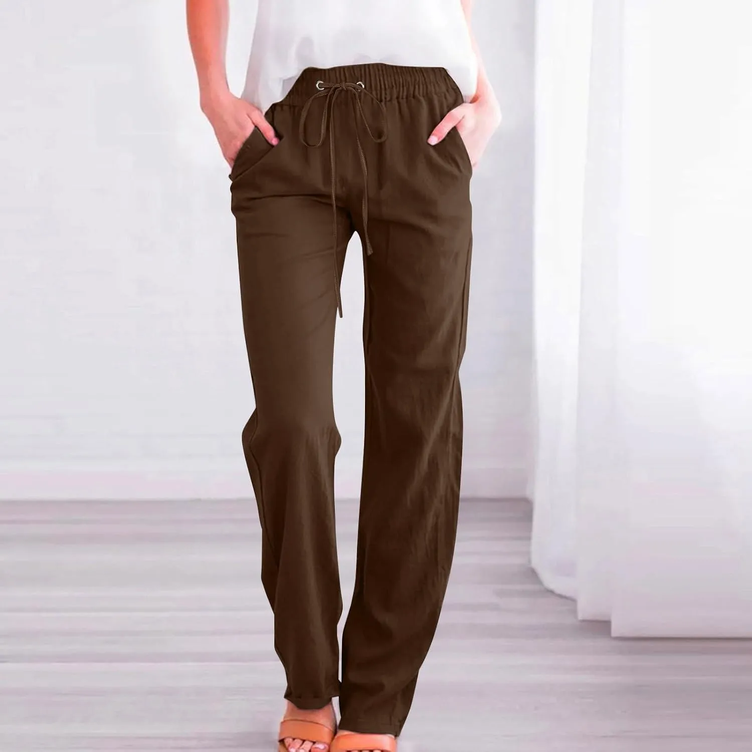 Women Linen Summer Letter Patched Pant Trousers High Waist Stretchy Straight Slim-Fit Palazzo Pants Business Work