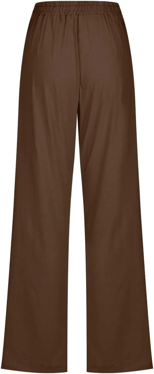 Women Linen Summer Letter Patched Pant Trousers High Waist Stretchy Straight Slim-Fit Palazzo Pants Business Work