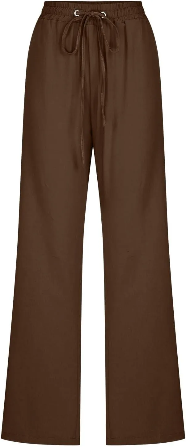 Women Linen Summer Letter Patched Pant Trousers High Waist Stretchy Straight Slim-Fit Palazzo Pants Business Work