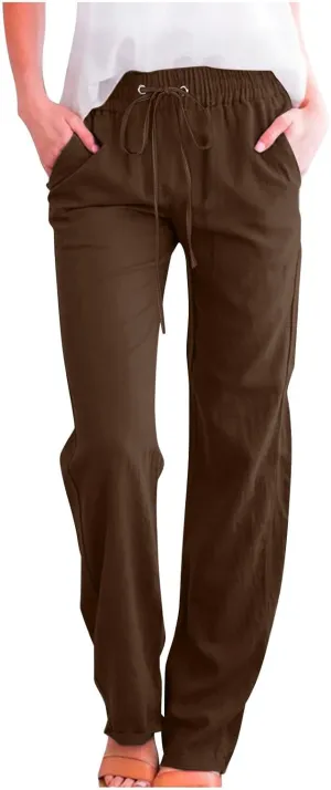 Women Linen Summer Letter Patched Pant Trousers High Waist Stretchy Straight Slim-Fit Palazzo Pants Business Work