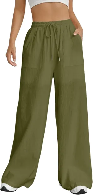 Women Linen Summer Printed Palazzo Pants Elastic Waisted Stretchy Plus Size Palazzo Pants Travel
