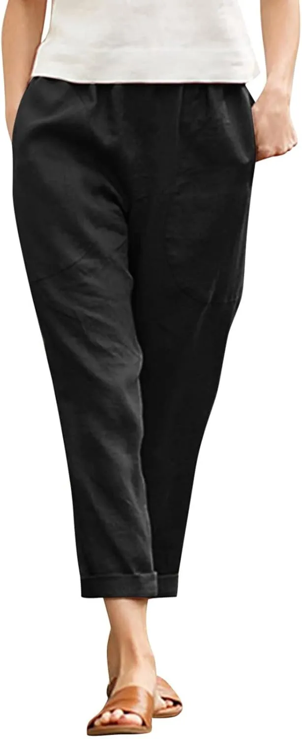 Women Linen Summer Striped Palazzo Pants Elastic Waist Bootcut Slim Fit Pant Trousers Work Business