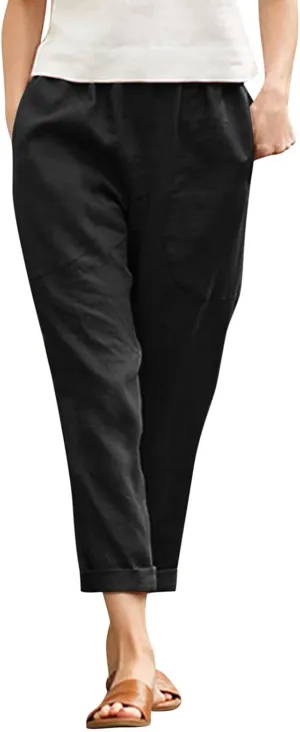 Women Linen Summer Striped Palazzo Pants Elastic Waist Bootcut Slim Fit Pant Trousers Work Business