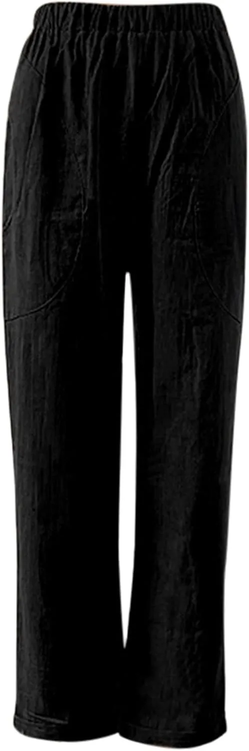 Women Linen Summer Striped Palazzo Pants Elastic Waist Bootcut Slim Fit Pant Trousers Work Business