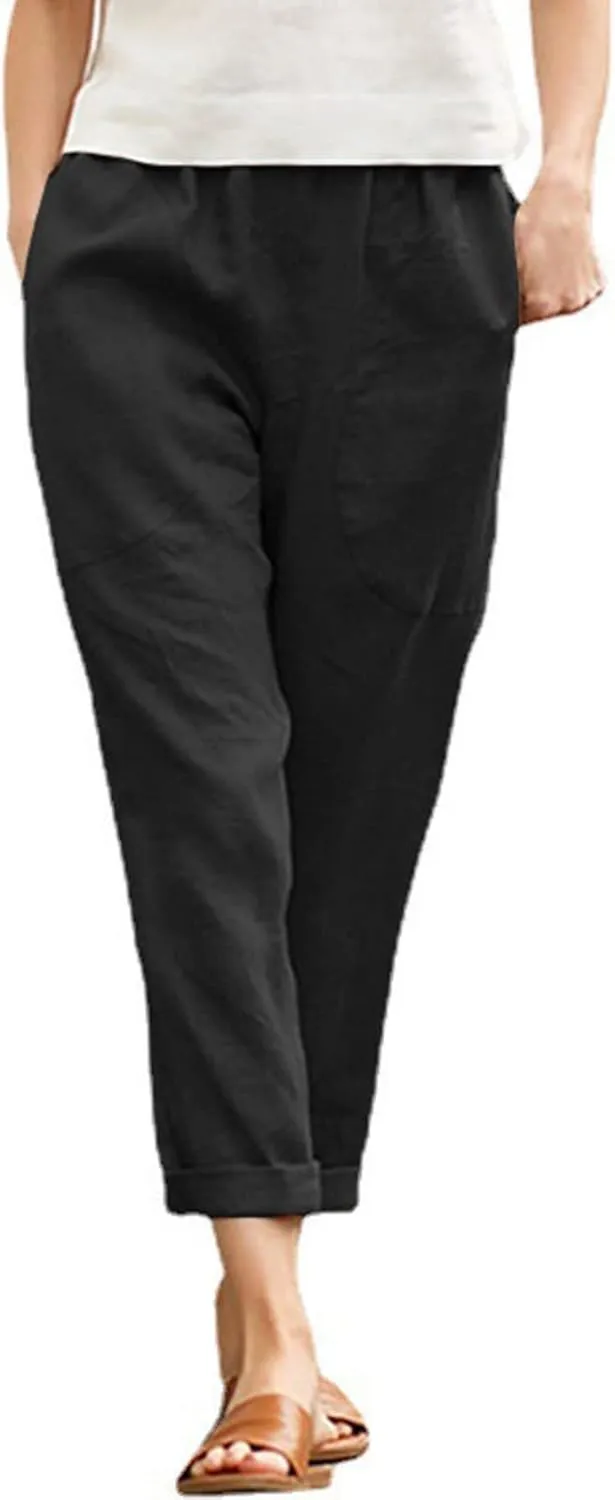 Women Linen Summer Striped Palazzo Pants Elastic Waist Bootcut Slim Fit Pant Trousers Work Business