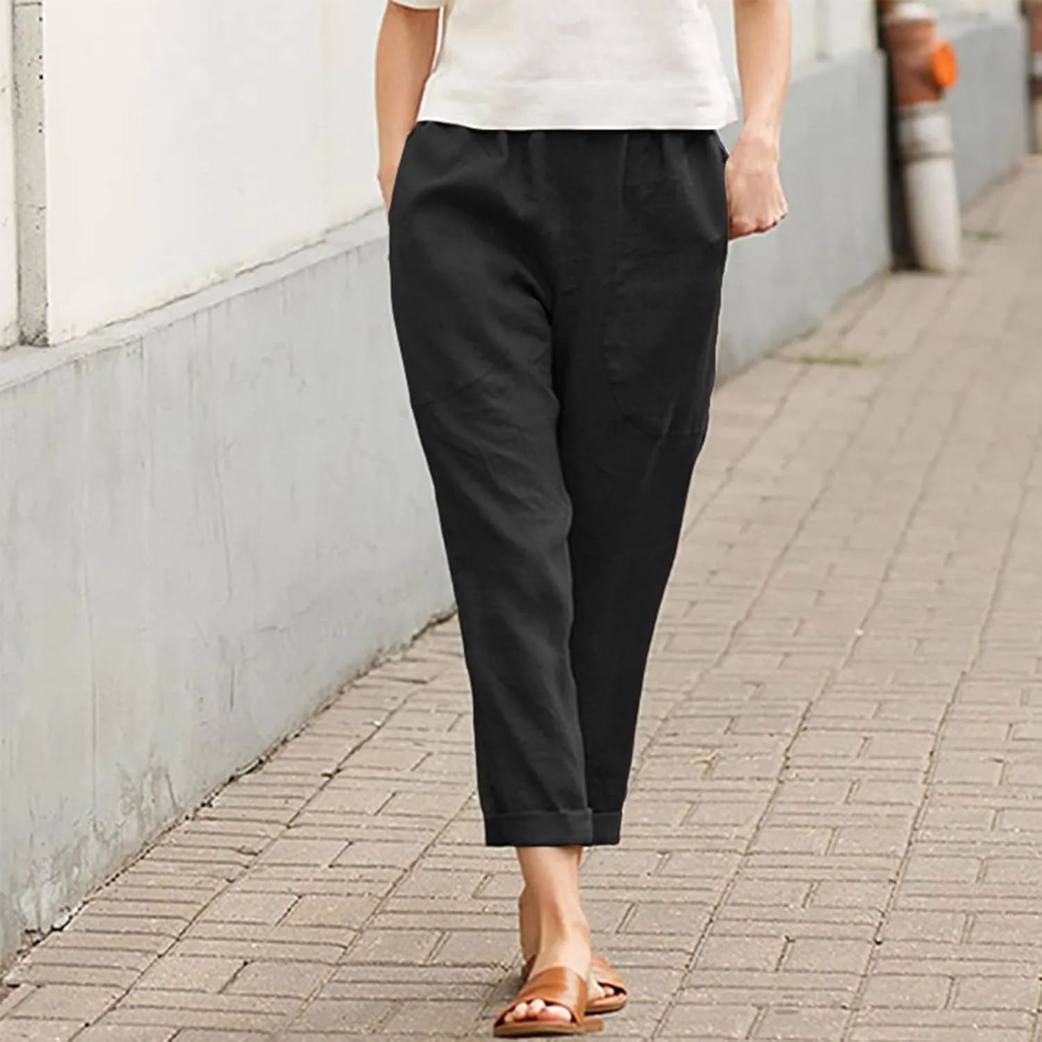 Women Linen Summer Striped Palazzo Pants Elastic Waist Bootcut Slim Fit Pant Trousers Work Business