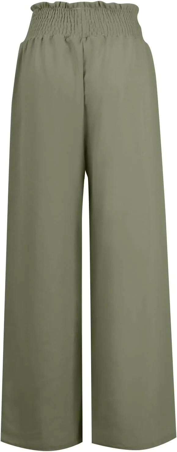 Women Linen Summer Tie Knot Palazzo Lounge Pants Elastic Waist Stretchy Slim-Fit Palazzo Lounge Pants Business Work